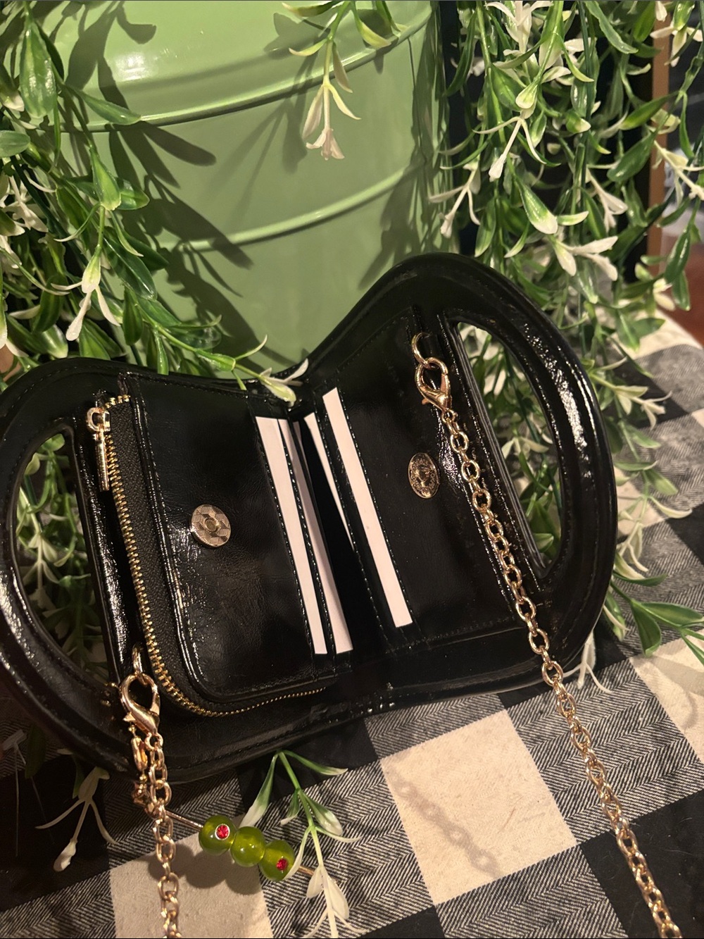 Black Mini Leather Arch Handle Clutch with Gold Chain and Green Beaded Charm - Picture 4 of 6